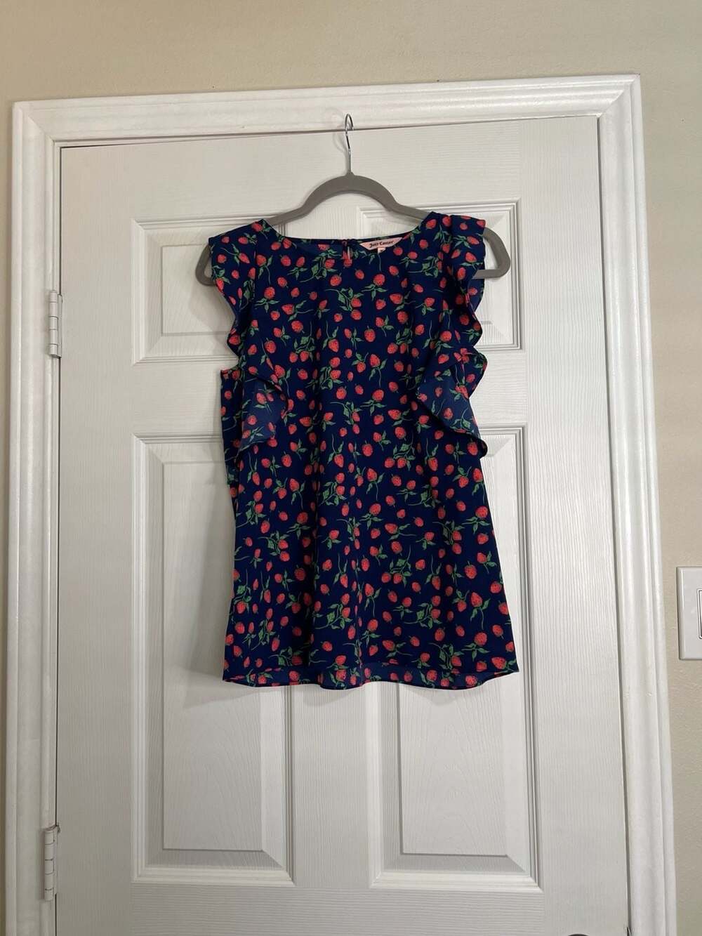 Juicy Couture Strawberry Print Navy Ruffle Sleeve Blouse